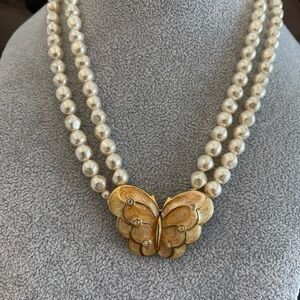 KJL Kenneth J Lane Double Pearl Necklace with Butterfly Made for Avon
